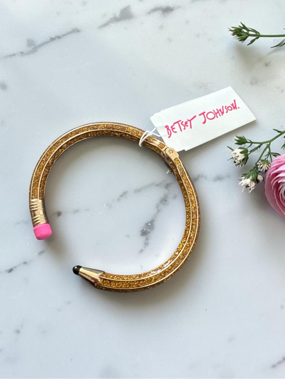 Betsey Johnson Gold Glitter Pencil Cuff Bracelet with Pink Eraser Detail NWT